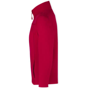 A red soft shell jacket with a high collar and side zip pockets. It features a logo on the front.
