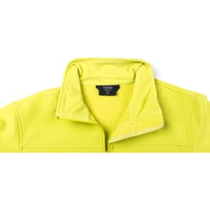 A soft shell jacket in vibrant yellow, featuring a zip collar and a brand logo on the inside.
