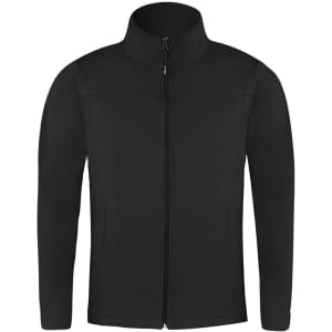 A black soft shell jacket with a high collar and zip front, featuring a subtle logo.
