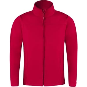 A red soft shell jacket with a high collar and full zip, featuring a logo on the front.