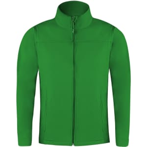 A green soft shell jacket with a high collar and full zip, featuring a logo.