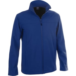A blue soft shell jacket with a zip front and a high collar. It features a logo on the chest.