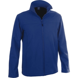 A blue soft shell jacket featuring a full zip and a high collar. The jacket has a branding logo.