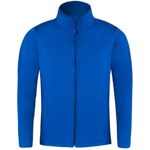 A blue soft shell jacket with a zippered front and a collar. It features a simple design and has a logo.