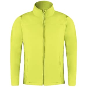 A bright yellow soft shell jacket with a zip front and a collar. It features a logo on the chest.