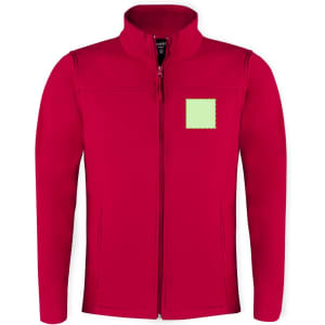 A red soft shell jacket with a zip front and a square area for branding or personalisation.