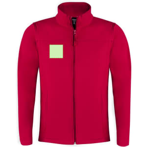 A red soft shell jacket with a zippered front and a patch on the left chest area. It features a logo.