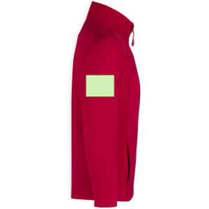 A red soft shell jacket featuring a zip and a patch area on the arm for custom branding.