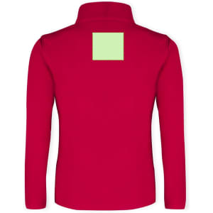 A red soft shell jacket with a collar and a rectangular patch on the back. It has a logo present.
