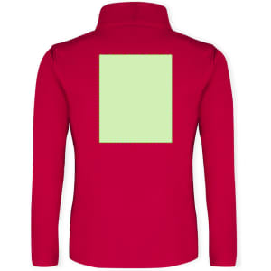 A red soft shell jacket featuring a blank green square on the back and a collar. It includes a logo.