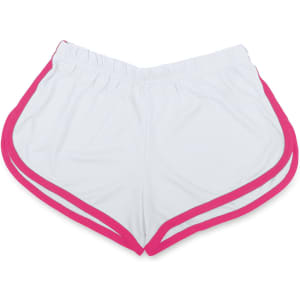 White dress shorts with pink trim, featuring a comfortable elastic waistband and side slits.