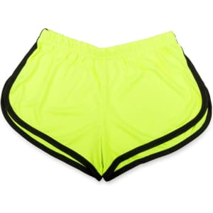 Bright yellow dress shorts featuring black side trim and an elastic waistband. The shorts are lightweight and casual in style.
