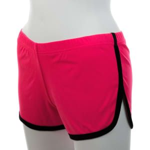 Bright pink dress shorts with black trim, featuring side slits for added style and comfort.