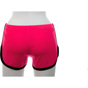 Bright pink dress shorts with black trim, featuring side pockets, displayed on a mannequin from the back.