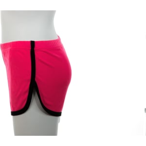 A pair of pink dress shorts with black detailing, displayed on a mannequin from the side.