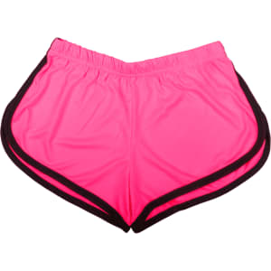 A pair of bright pink dress shorts with black trim, featuring an elastic waistband.