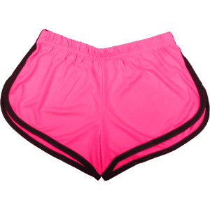 Bright pink dress shorts with black trim, featuring an elastic waistband and a sporty design.