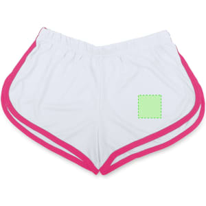 White dress shorts with pink trim and a square area for branding. The fabric appears lightweight and breathable.