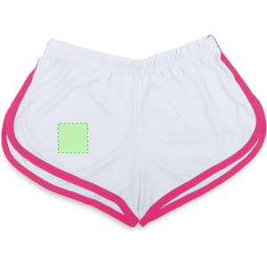 White dress shorts with pink trim and an embroidered logo on the side.