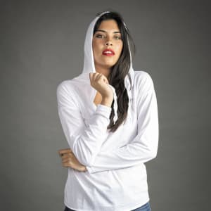 A white adult hoodie featuring a front pocket and a drawstring hood, displayed on a model against a grey background.