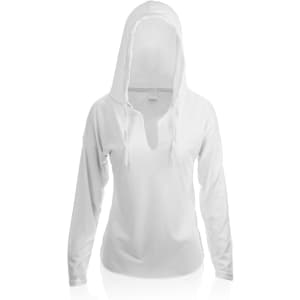 A white adult t-shirt with a hood and long sleeves, featuring a front opening and drawstrings.
