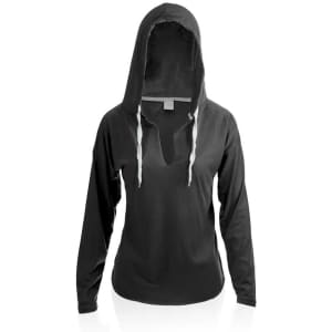 A black long-sleeve hooded t-shirt featuring a deep neckline and a contrasting light-coloured drawstring.