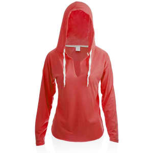 A coral long-sleeve t-shirt with a hood and drawstring. It has a casual, relaxed fit and features a brand logo.