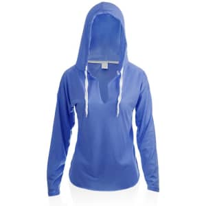 A blue long-sleeve T-shirt with a hood and drawstrings, featuring a subtle branding logo.