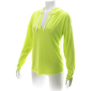 A bright yellow adult t-shirt with a hood, featuring long sleeves and a relaxed fit. It has a logo on it.