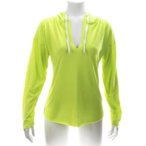 A bright neon yellow adult T-shirt with a hood and white drawstrings, featuring long sleeves and a relaxed fit.