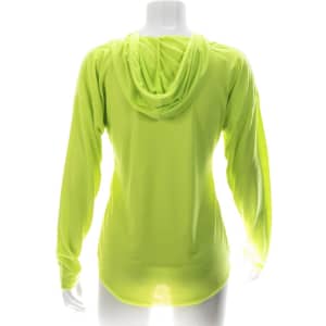 A bright yellow adult T-shirt with long sleeves and a hood, displayed on a mannequin from the back.