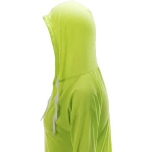 A bright yellow Yuk Adult T-Shirt with a hood and drawstrings, viewed from the side.