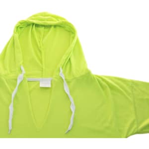 A bright lime green adult T-shirt with a hood and white drawstrings, featuring a casual, relaxed design.