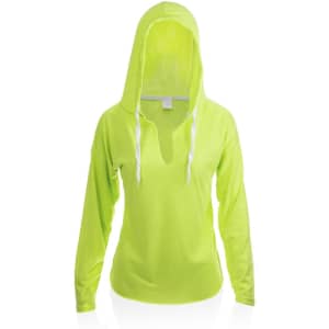 A bright neon yellow adult T-shirt with a hood and long sleeves, featuring a small opening at the neckline.