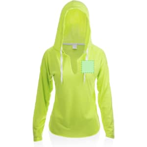 A bright yellow hooded long sleeve T-shirt with a front pocket area and white drawstrings. It features a logo.