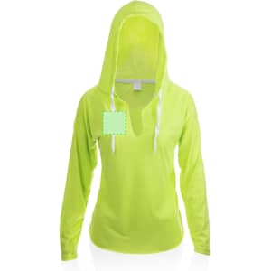 A bright lime green long-sleeve hoodie with a front pocket and a drawstring hood. It features a logo on the chest area.