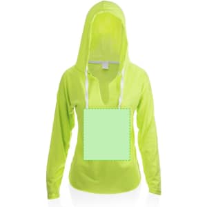 A bright yellow adult t-shirt with a hood and long sleeves. It features a blank area for customisation.