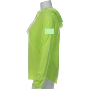 A side view of a bright lime green hooded t-shirt with a white drawstring and a logo on the sleeve.