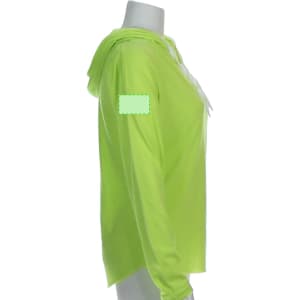 A bright lime green adult T-shirt with a hood and a small logo on the sleeve.