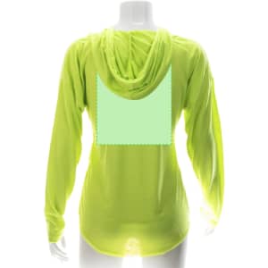 A vibrant neon green adult T-shirt with a hood and long sleeves, featuring a blank space on the back.