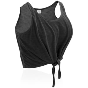 A black women's t-shirt with a cropped design and front tie feature, showcasing a relaxed fit.