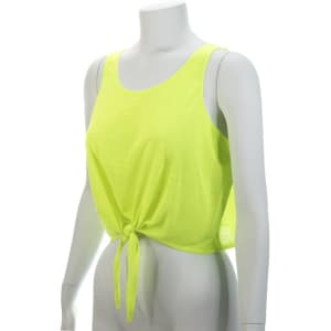 A bright yellow women's T-shirt featuring a knotted front design, displayed on a mannequin.