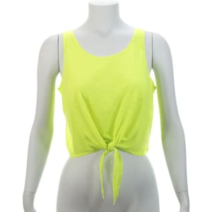 A bright yellow women's T-shirt featuring a knotted front design displayed on a mannequin.