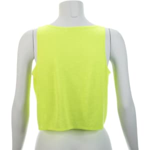 A bright neon yellow women's T-shirt displayed on a mannequin, featuring a cropped design and no visible branding.