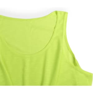 A bright lime green women’s T-shirt with a scoop neckline and sleeveless design. It has a logo visible.