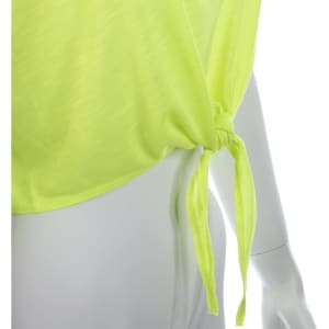 A bright neon yellow women's t-shirt with a tied detail at the hem, featuring a soft fabric texture.