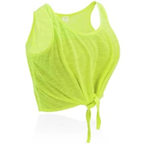 A bright neon yellow women's T-shirt with a cropped design and a tie at the front. Features a logo.