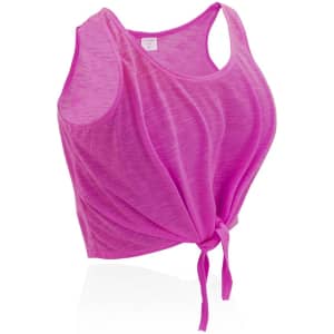 A bright pink women's T-shirt featuring a tie-up detail at the front and sleeveless design. It has a logo.