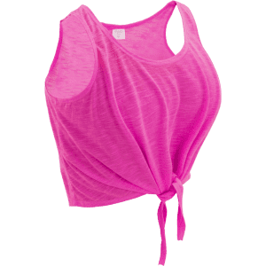 A bright pink women's T-shirt with a tied front design and a relaxed fit. It features a logo on the tag.