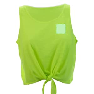 A bright lime green women's T-shirt with a tied front hem and an area for branding.